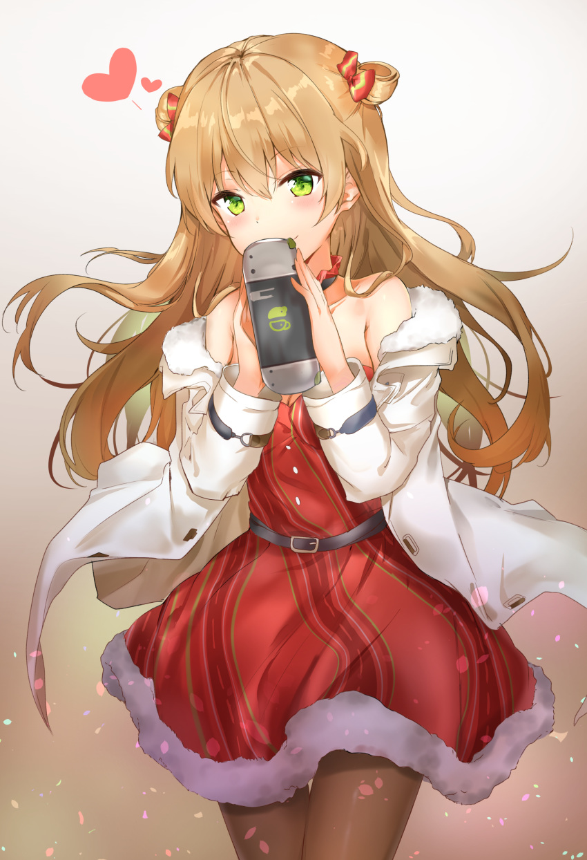 absurdres armpit_crease bangs bare_shoulders belt blush bow bow_choker breasts brown_hair brown_legwear buckle choker christmas christmas_ornaments cleavage closed_mouth coat collarbone commentary confetti covering_mouth double_bun dress duffel_coat eyebrows_visible_through_hair floating_hair fur-trimmed_coat fur_trim girls_frontline green_eyes hair_bow hand_up handheld_game_console head_tilt highres holding_handheld_game_console long_hair looking_at_viewer medium_breasts off_shoulder open_clothes open_coat pantyhose red_bow red_dress rfb_(girls_frontline) santa_costume smile solo standing star sunhyun wind wind_lift