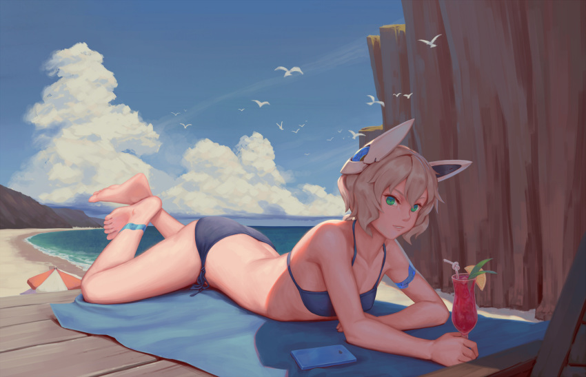 armband bangs barefoot beach beach_towel beach_umbrella bigrbear bikini bird blonde_hair blue_bikini blue_towel breasts cellphone cleavage cliff cloud cloudy_sky collarbone commentary_request cup day drinking_glass green_eyes hair_between_eyes highres holding holding_cup legband lying md5_mismatch mecha_musume mechanical_ears medium_breasts mountain ocean on_stomach original outdoors parted_lips phone seagull short_hair sky solo swimsuit towel tropical_drink umbrella