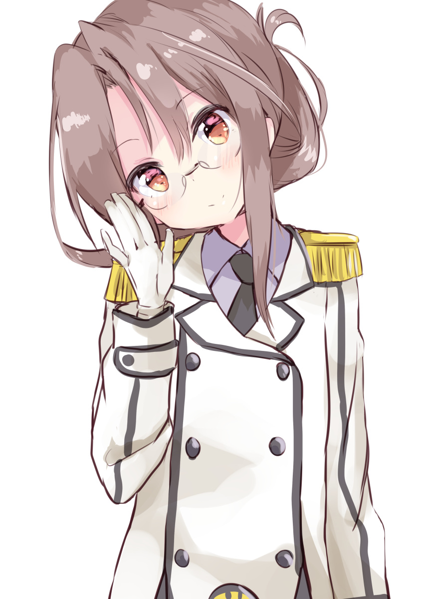 absurdres adjusting_eyewear amano_kouki arm_up bangs black_neckwear blush brown_eyes brown_hair closed_mouth collared_shirt commentary_request cosplay epaulettes eyebrows_visible_through_hair glasses gloves grey_shirt hair_between_eyes head_tilt highres jacket kantai_collection katori_(kantai_collection) katori_(kantai_collection)_(cosplay) long_sleeves looking_at_viewer necktie shirt simple_background smile solo upper_body white_background white_gloves white_jacket zuihou_(kantai_collection)