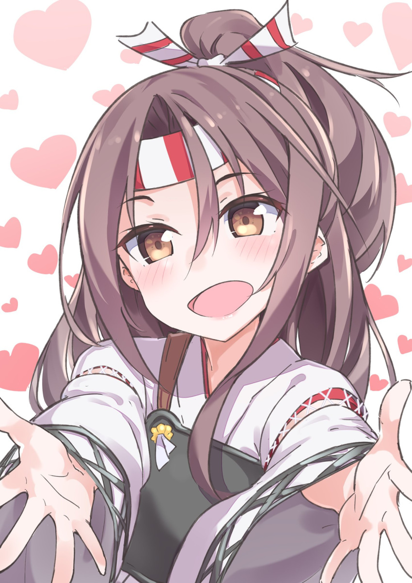 :d brown_eyes brown_hair gedoo_(gedo) hachimaki hair_between_eyes headband heart high_ponytail highres japanese_clothes kantai_collection long_hair looking_at_viewer muneate open_mouth outstretched_arms smile solo striped_headband upper_body zuihou_(kantai_collection)