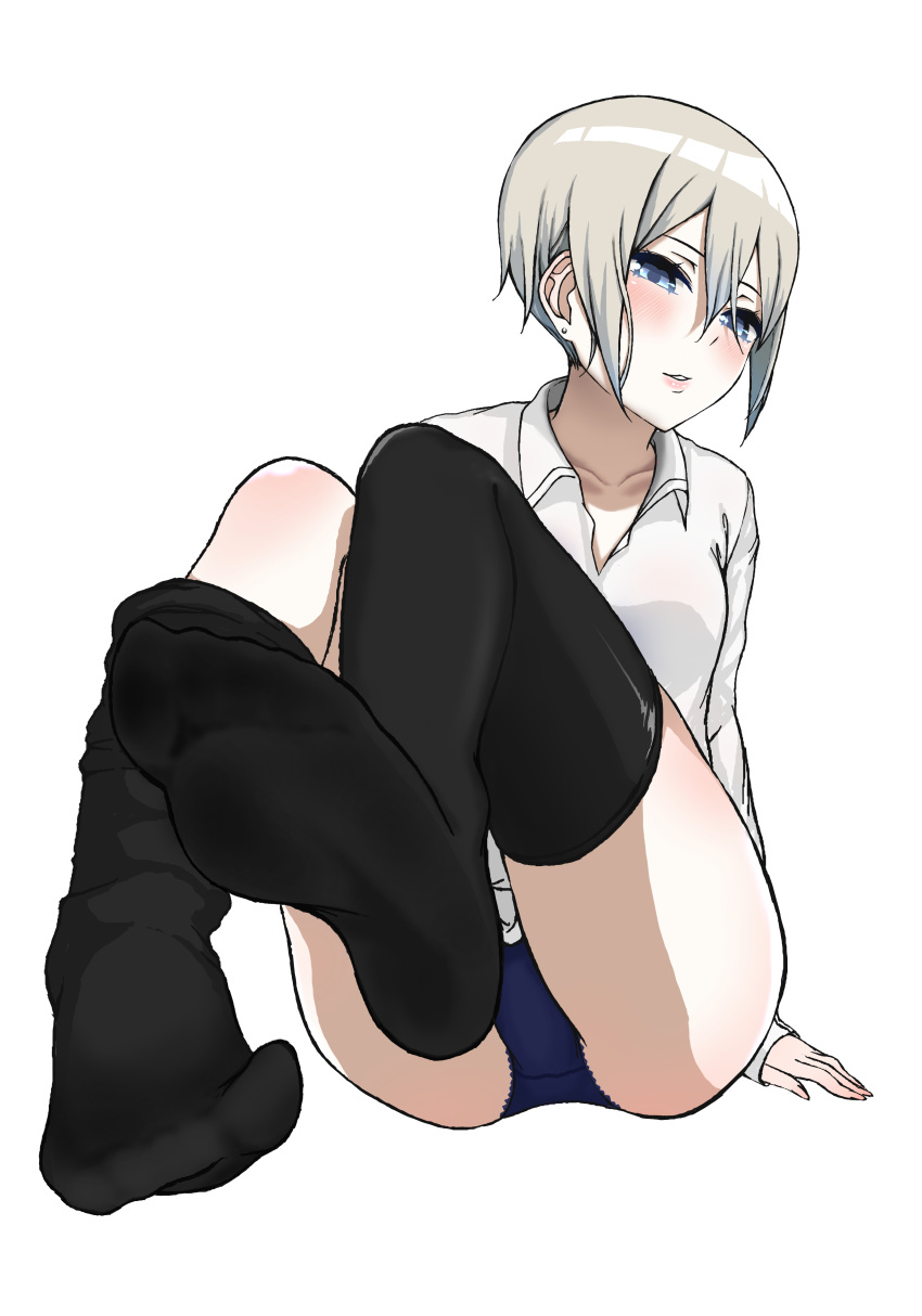 1girl absurdres black_legwear blue_panties blush feet highres idolmaster idolmaster_cinderella_girls looking_at_viewer panties parted_lips pov pov_feet shiomi_shuuko silver_eyes silver_hair soles sweat underwear