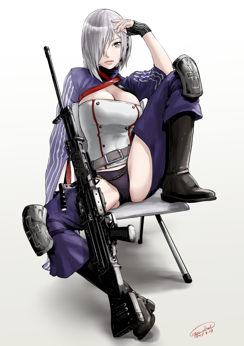 boots breasts chair cleavage fingerless_gloves gesundheit_(artist) girls_frontline gloves green_eyes gun hair_over_one_eye highres knee_pads lips mg5 mg5_(girls_frontline) signature silver_hair sitting solo spread_legs weapon white_background