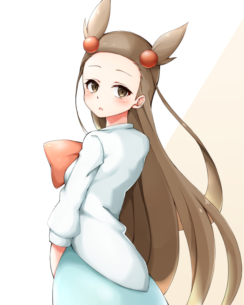 1girl blue_skirt blush breasts brown_eyes brown_hair cowboy_shot creatures_(company) female from_behind game_freak gym_leader hair_bobbles hair_ornament highres long_hair long_sleeves looking_at_viewer looking_back matching_hair/eyes mikan_(pokemon) nintendo open_mouth pokemon pokemon_(game) pokemon_hgss shiny shiny_hair shirt simple_background skirt small_breasts solo standing textless tied_hair tokonone two-tone_background very_long_hair white_background white_shirt
