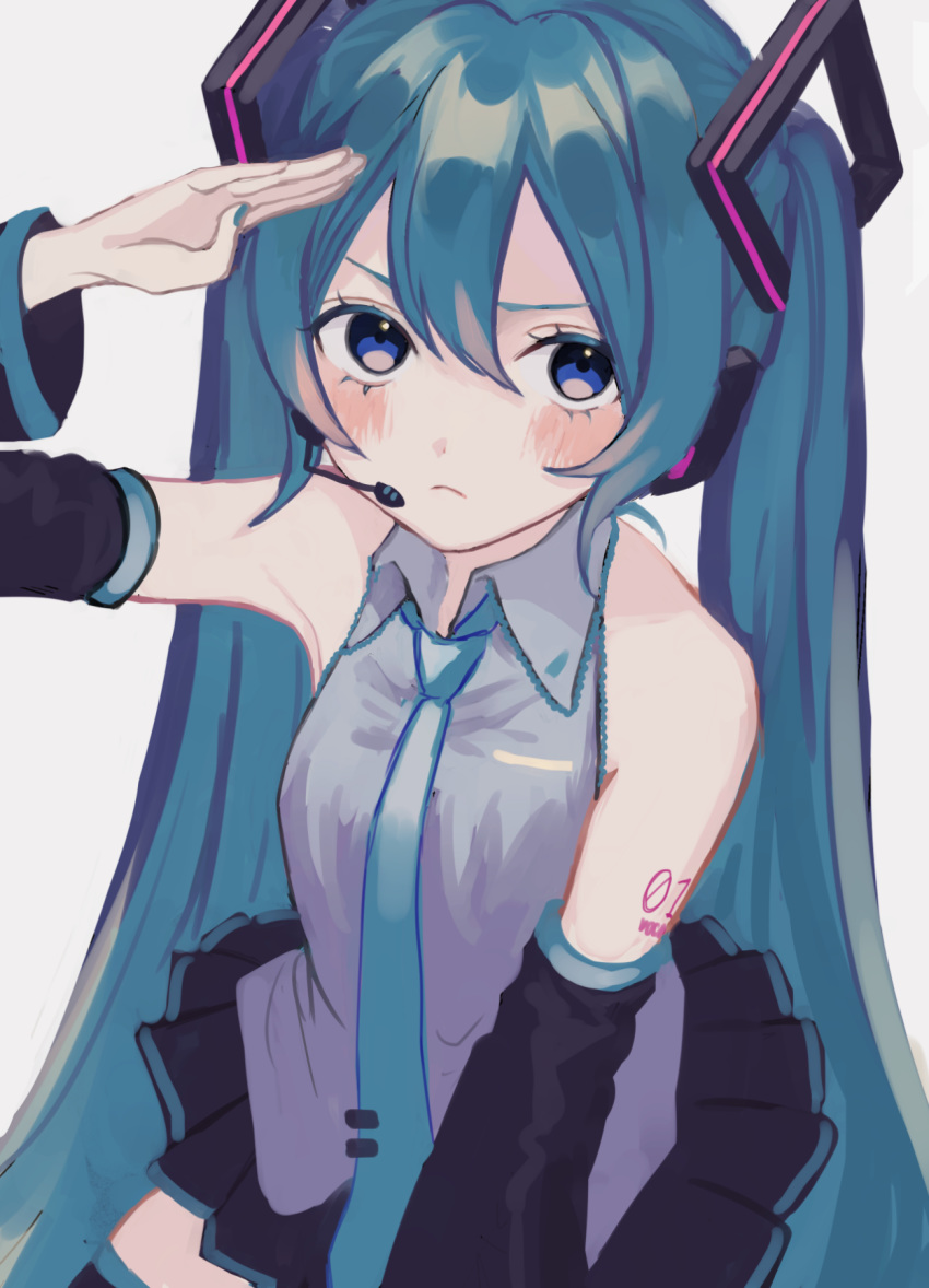 bangs bare_shoulders black_legwear black_skirt blue_eyes blue_hair blue_neckwear blush closed_mouth collared_shirt commentary detached_sleeves grey_background grey_shirt hand_up hatsune_miku headphones highres long_hair long_sleeves looking_at_viewer microphone necktie p2_(uxjzz) pleated_skirt salute shirt simple_background skirt sleeveless sleeveless_shirt solo symbol_commentary thighhighs twintails very_long_hair vocaloid wing_collar