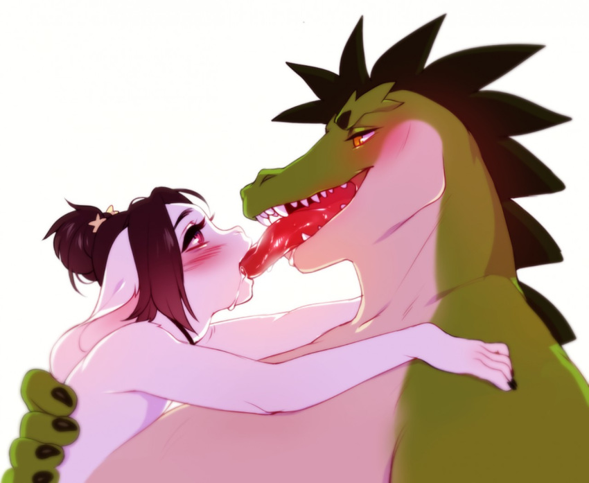 &lt;3 &lt;3_eyes alligator anthro blush crocodilian drooling duo female francis_(frenky_hw) french_kissing frenky_hw fur green_scales hug kissing lagomorph long_tongue male male/female mammal nude open_mouth pink_eyes rabbit reptile saliva scales scalie sharp_teeth simple_background size_difference teeth tongue tosin white_background white_fur white_scales yellow_eyes