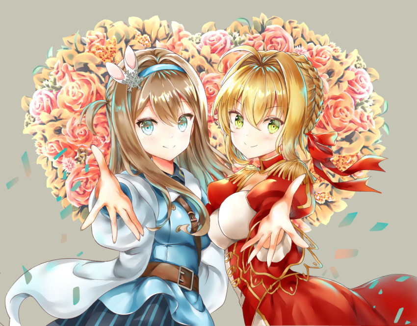 ahoge bangs black_shirt blue_eyes blue_hairband blue_jacket blue_skirt blush collared_shirt commentary_request crossover dress_shirt epaulettes eyebrows_visible_through_hair fate/grand_order fate_(series) floral_background flower girls_frontline gold_trim green_eyes grey_background hair_intakes hair_ornament hair_ribbon hairband jacket juliet_sleeves light_brown_hair long_hair long_sleeves looking_at_viewer melings_(aot2846) multiple_girls nero_claudius_(fate) nero_claudius_(fate)_(all) outstretched_arm petals puffy_sleeves red_ribbon ribbon see-through see-through_sleeves shirt short_hair skirt smile snowflake_hair_ornament standing striped suomi_kp31_(girls_frontline) vertical-striped_skirt vertical_stripes wide_sleeves