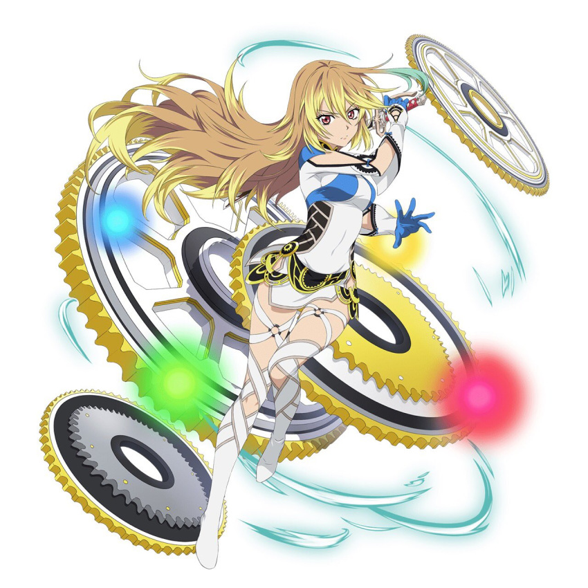 blonde_hair blue_gloves breasts brown_hair covered_navel dress floating_hair full_body gloves gradient_hair hair_between_eyes highres holding holding_sword holding_weapon leg_up long_hair looking_at_viewer medium_breasts milla_maxwell multicolored_hair o-ring red_eyes senritsu_reishiki short_dress side_slit simple_background solo sword tales_of_(series) tales_of_xillia tales_of_xillia_2 two-tone_hair very_long_hair weapon white_background white_dress white_legwear