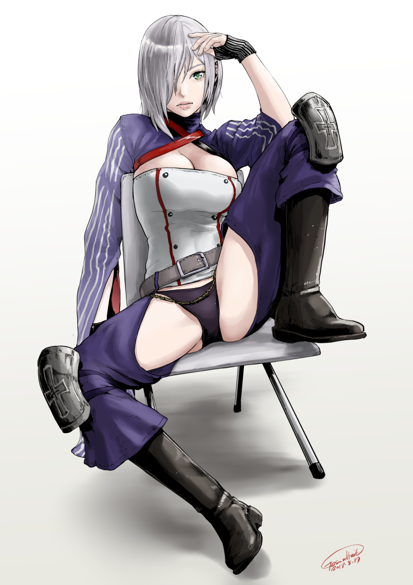 boots breasts chair cleavage fingerless_gloves gesundheit_(artist) girls_frontline gloves green_eyes hair_over_one_eye highres knee_pads lips mg5 mg5_(girls_frontline) signature silver_hair sitting solo spread_legs weapon white_background