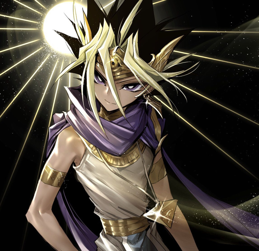 armlet bare_shoulders black_hair blonde_hair blue_scarf bright_pupils closed_mouth commentary_request earrings egyptian_clothes glint hair_between_eyes headpiece jewelry looking_at_viewer male_focus maruchi millennium_puzzle multicolored_hair purple_eyes scarf smile solo two-tone_hair upper_body yami_yuugi yuu-gi-ou