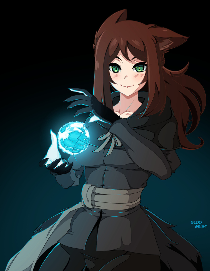 animal_ear_fluff animal_ears bangs black_coat black_skirt blue_background blush brown_hair closed_mouth commentary cowboy_shot english_commentary green_eyes hands_up highres long_hair looking_at_viewer magic monster_girl original paws reddgeist sash signature skirt slit_pupils smile solo