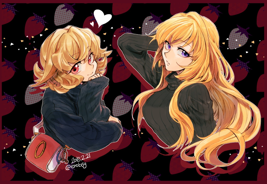 302 atra_mixta bag blonde_hair border breasts chin_rest dated food fruit gundam gundam_tekketsu_no_orphans hand_behind_head handbag heart highres kudelia_aina_bernstein large_breasts long_hair multiple_girls outline purple_eyes red_border red_eyes ribbed_sweater sleeves_past_wrists strawberry strawberry_background sweater turtleneck turtleneck_sweater twitter_username