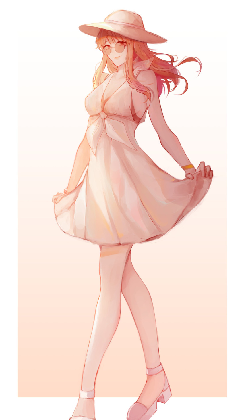 absurdres alternate_costume bracelet celica_(fire_emblem) closed_mouth commentary dress english_commentary fire_emblem fire_emblem_echoes:_mou_hitori_no_eiyuuou hat high_heels highres jewelry long_hair moumomilk red_hair simple_background solo sun_hat sunglasses white_dress white_hat