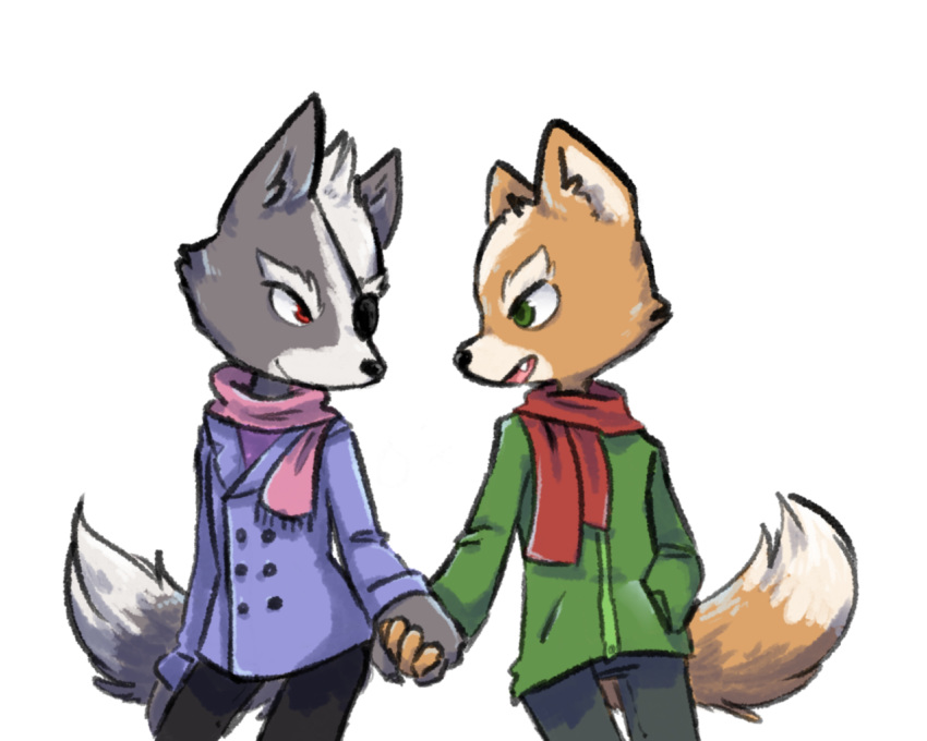 2018 anthro canine clothing duo emeraldotter eye_contact eye_patch eyewear fox fox_mccloud fur green_eyes grey_fur hand_holding male male/male mammal nintendo orange_fur red_eyes romantic_couple scarf star_fox video_games wolf wolf_o'donnell