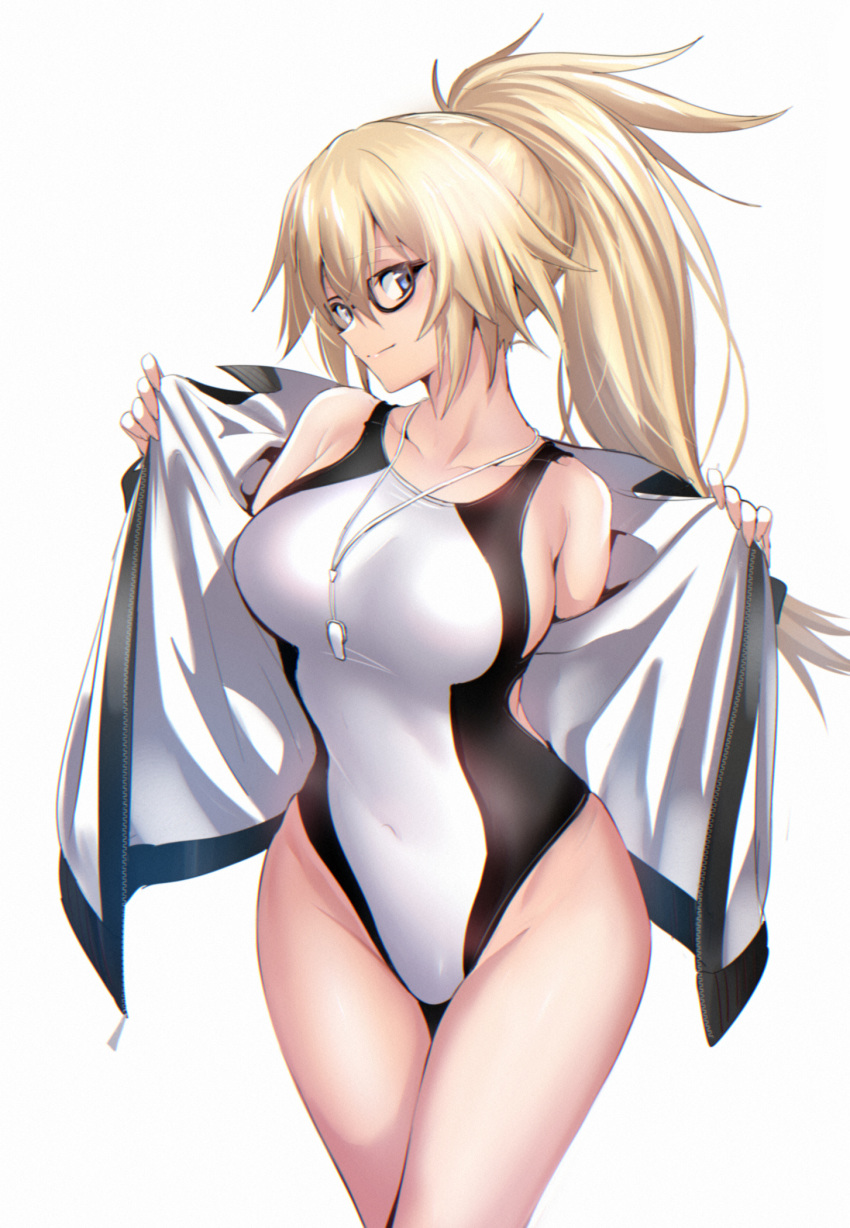 bangs bare_shoulders black-framed_eyewear blonde_hair blue_eyes breasts collarbone commentary competition_swimsuit covered_navel fate/grand_order fate_(series) glasses hair_between_eyes highres hips jacket jeanne_d'arc_(fate)_(all) jeanne_d'arc_(swimsuit_archer) large_breasts long_hair looking_at_viewer looking_to_the_side one-piece_swimsuit open_clothes open_jacket simple_background smile solo swimsuit thighs ulrich_(tagaragakuin) whistle white_background white_jacket white_swimsuit zipper