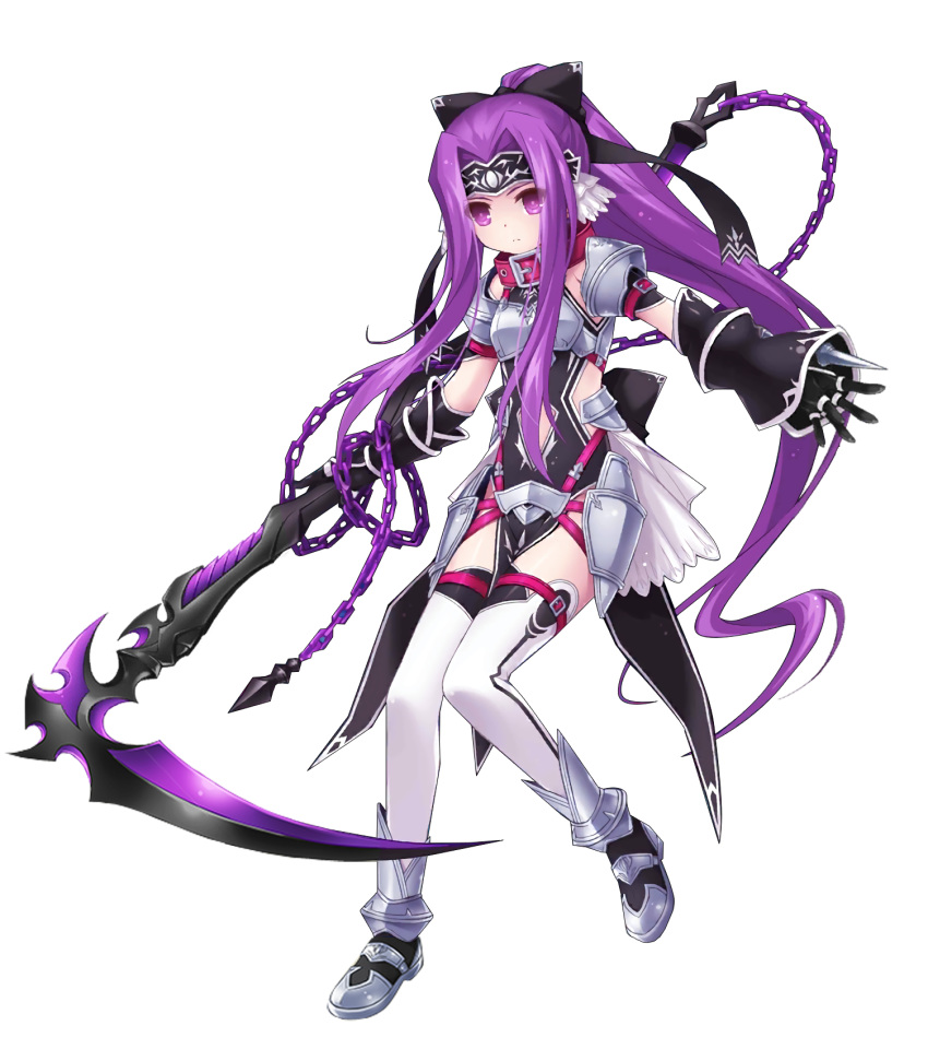 1girl arched_back armor armored_boots bare_shoulders black_bow black_gloves blush boots bow chains closed_mouth collar expressionless fate/grand_order fate_(series) full_body gloves hair_bow high_ponytail holding holding_weapon lavender_hair leaning_forward long_hair looking_at_viewer medusa_(lancer)_(fate) navel official_art purple_eyes rider scythe solo thighhighs very_long_hair weapon white_legwear