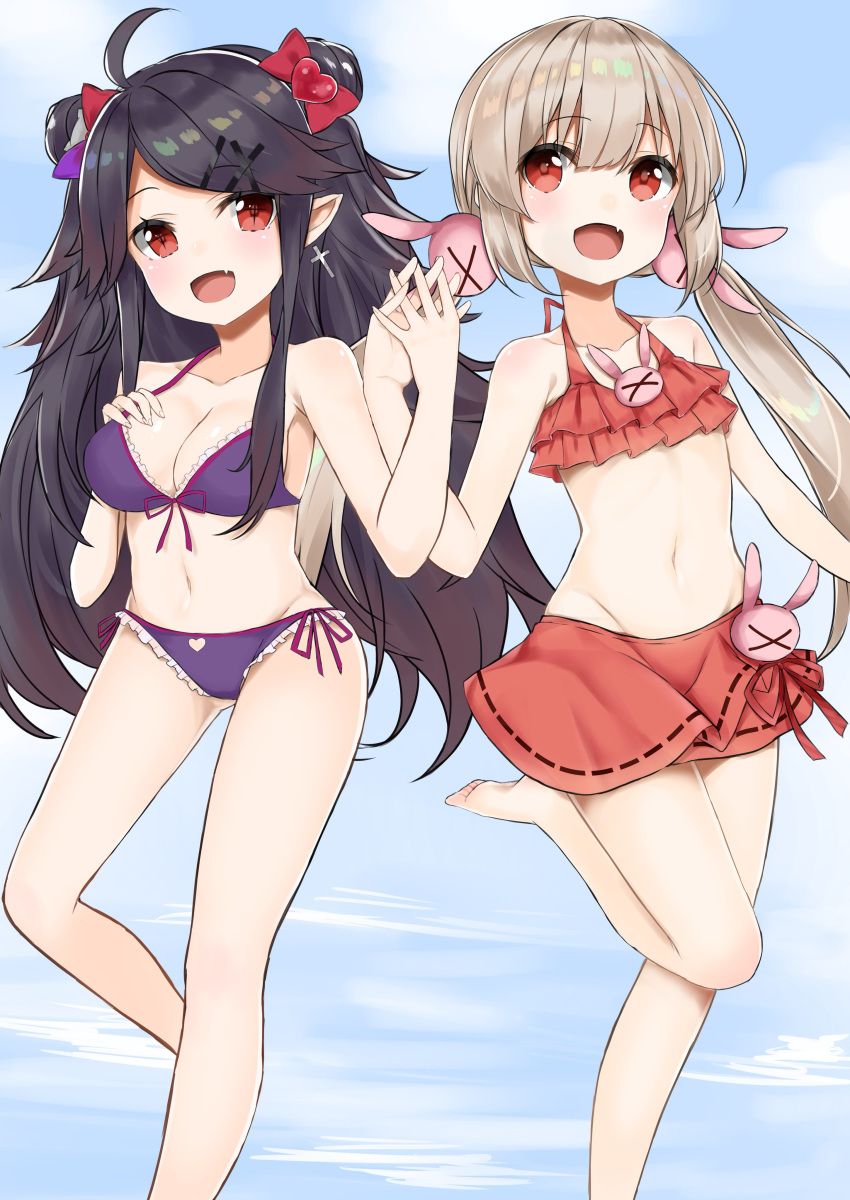&gt;_&lt; :d absurdres ahoge bangs bare_arms bare_shoulders barefoot bikini black_hair blue_sky blush bow breasts bunny_hair_ornament character_request cleavage cloud commentary_request cross cross_earrings day double_bun earrings eyebrows_visible_through_hair fang fingernails frilled_bikini frills front-tie_bikini front-tie_top groin hair_between_eyes hair_bow hair_ornament hairclip hand_on_own_chest hand_up hands_up hashiko_nowoto head_tilt heart highres holding_hands interlocked_fingers jewelry latin_cross light_brown_hair long_hair low_twintails medium_breasts multiple_girls natori_sana navel ocean open_mouth outdoors parted_bangs purple_bikini red_bikini red_bow red_eyes red_ribbon ribbon ribbon_trim sana_channel side-tie_bikini side_bun sky smile soles standing standing_on_one_leg swimsuit twintails very_long_hair virtual_youtuber water x_hair_ornament