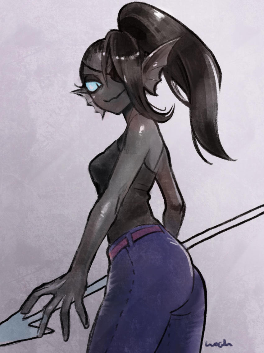 anthro black_hair blue_eyes butt_pose clothed clothing eye_patch eyewear female fish gills grey_skin hair jeans long_hair marine melee_weapon noaharbre pants polearm ponytail shirt smile solo spear standing tank_top undertale undyne video_games weapon