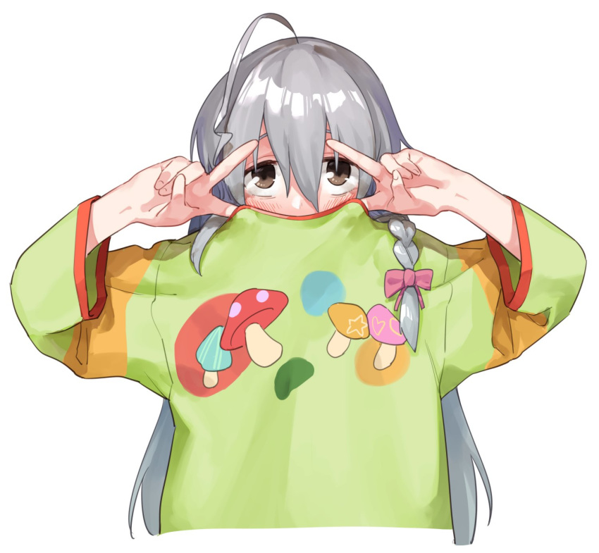 ahoge blush brown_eyes commentary covering_mouth double_v embarrassed green_shirt grey_hair hair_between_eyes hands_up highres hoshi_shouko idolmaster idolmaster_cinderella_girls long_hair long_sleeves looking_at_viewer muchi_maro ribbon shirt simple_background solo upper_body v v_over_eye white_background