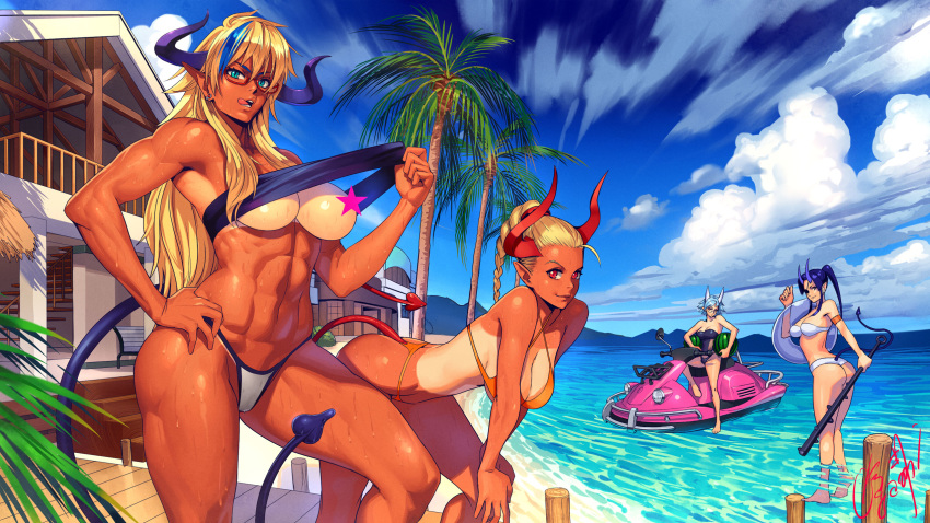 abs aqua_eyes armlet balcony ball bandeau bandeau_pull bangs bare_arms bare_legs bare_shoulders barefoot beach beach_house beachball bench bent_over bikini black_swimsuit blonde_hair blue_hair blue_sky braid breasts bush casual_one-piece_swimsuit censored cleavage closed_mouth cloud cloudy_sky club collarbone commentary_request day demon_tail earrings eyepatch grey_eyes ground_vehicle hair_between_eyes hand_on_hip hand_up hanging_breasts head_tilt highres holding holding_ball holding_weapon innertube jewelry kanabou large_breasts long_hair looking_at_viewer looking_back looking_to_the_side medium_breasts motor_vehicle mountain mountainous_horizon multicolored_hair multiple_girls muscle muscular_female navel ocean ogami one-piece_swimsuit oni oni_horns open_mouth orange_bikini orange_eyes original palm_tree pier pointy_ears ponytail red-framed_eyewear red_eyes semi-rimless_eyewear shiny shiny_hair shiny_skin short_hair signature single_braid sitting sky slit_pupils smile stairs standing star_censor streaked_hair stud_earrings summer sweat swimsuit tail tan tanline tongue tongue_out tree under-rim_eyewear wading watermelon_beachball weapon wet white_bikini white_bikini_bottom