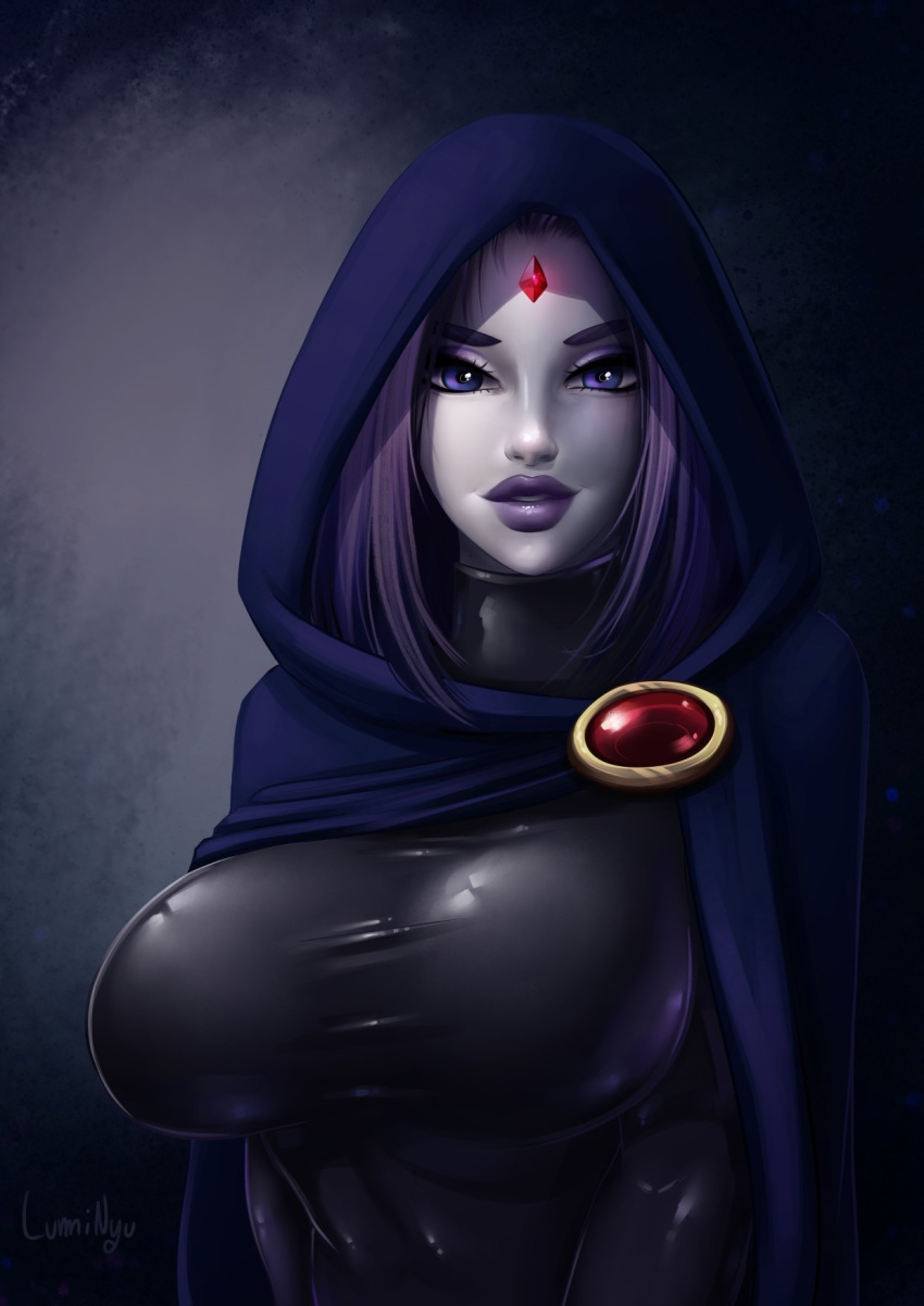 arms_at_sides bodysuit breasts cloak dc_comics eyelashes eyeshadow forehead_jewel grey_skin highres hood hooded_cloak large_breasts lipstick looking_at_viewer luminyu makeup parted_lips purple purple_eyes purple_hair purple_lipstick raven_(dc) signature smile solo taut_clothes teen_titans upper_body