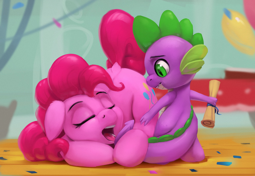 2018 ambiguous_gender cutie_mark duo earth_pony equine eyes_closed feral friendship_is_magic green_eyes hair holding_object horse mammal my_little_pony open_mouth pink_hair pinkie_pie_(mlp) pony rodrigues404 scroll sleeping spike_(mlp) young