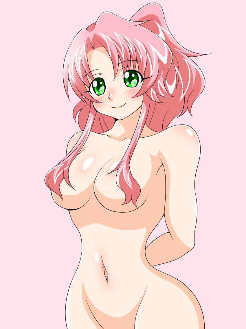 1girl arms_behind_back blush breasts convenient_censoring eyebrows_visible_through_hair eyes_visible_through_hair green_eyes hair_censor hair_over_breasts inabakun00 large_breasts long_hair looking_at_viewer navel nude original out-of-frame_censoring pink_background pink_hair ponytail rio_(inaba) simple_background smile solo standing