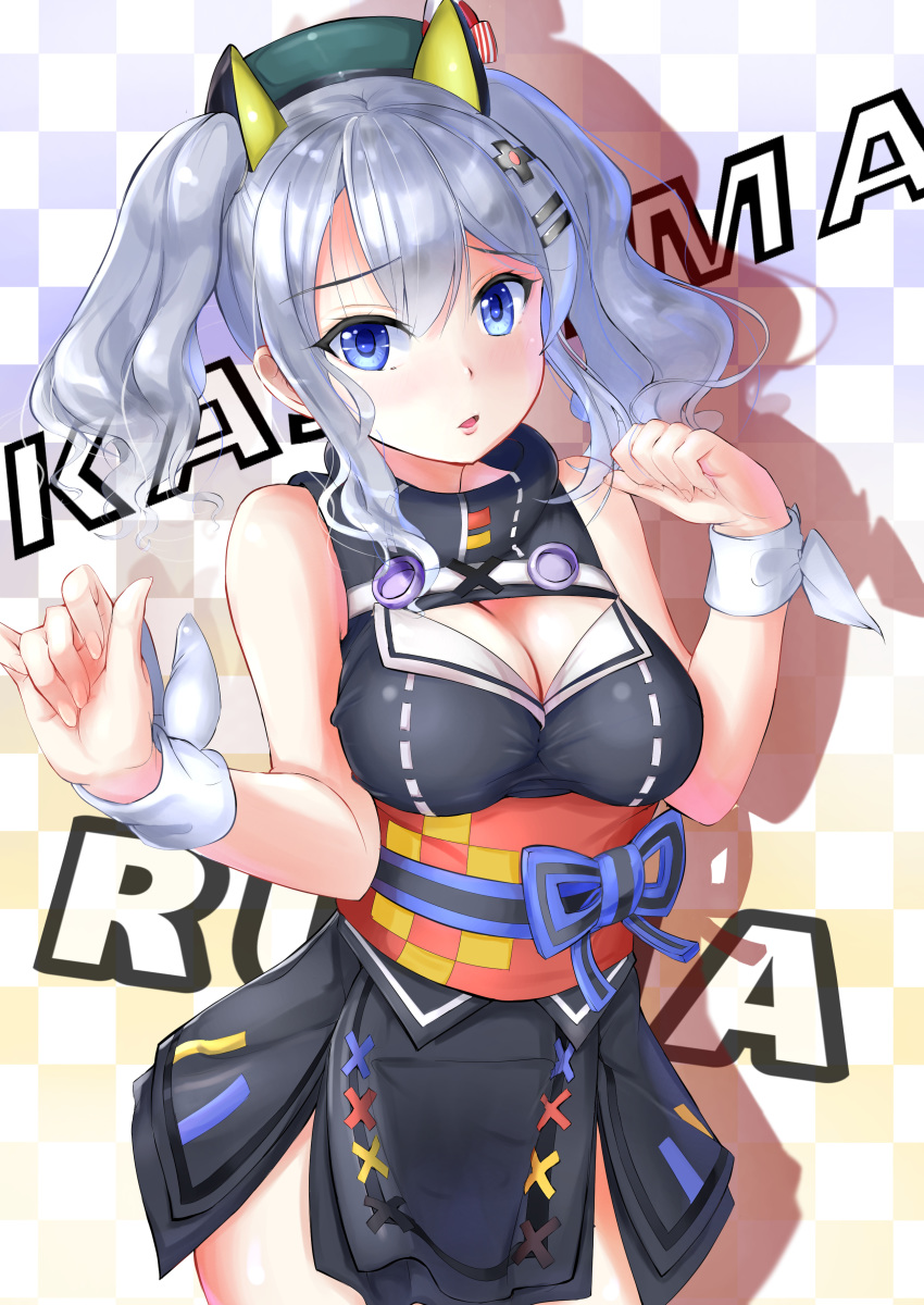 absurdres alternate_costume bare_shoulders beret blue_eyes blush breasts character_name cleavage cleavage_cutout commentary_request cosplay dress eyebrows_visible_through_hair hair_ornament hairclip hat highres kaguya_luna kaguya_luna_(character) kaguya_luna_(character)_(cosplay) kantai_collection kashima_(kantai_collection) kotoba_suzu large_breasts long_hair looking_at_viewer open_mouth ribbon sash silver_hair sleeveless solo twintails virtual_youtuber wavy_hair wrist_ribbon