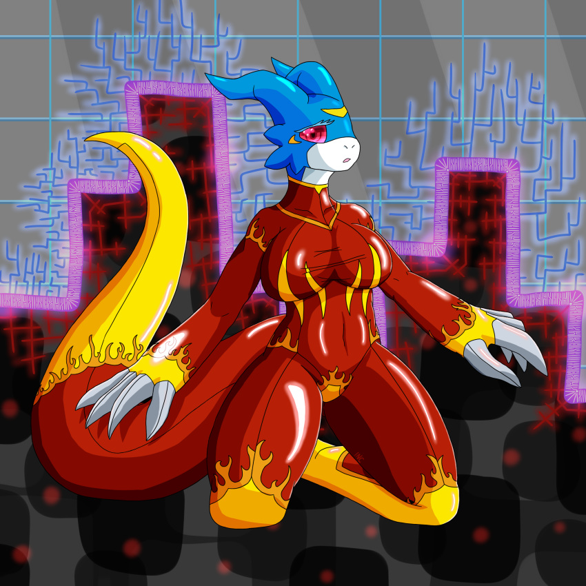 anthro big_breasts blue_skin breasts clothed clothing digimon dragon female flamedramon inctastic invalid_tag scalie shy solo tight_clothing