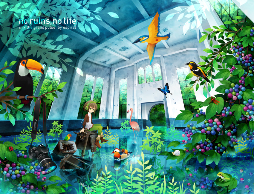 bird brown_hair bug camera canon_(company) closed_mouth day espiral_bonita green_eyes headphones indoors insect ladybug looking_at_viewer original ruins scenery short_hair sitting smile solo toucan tree water