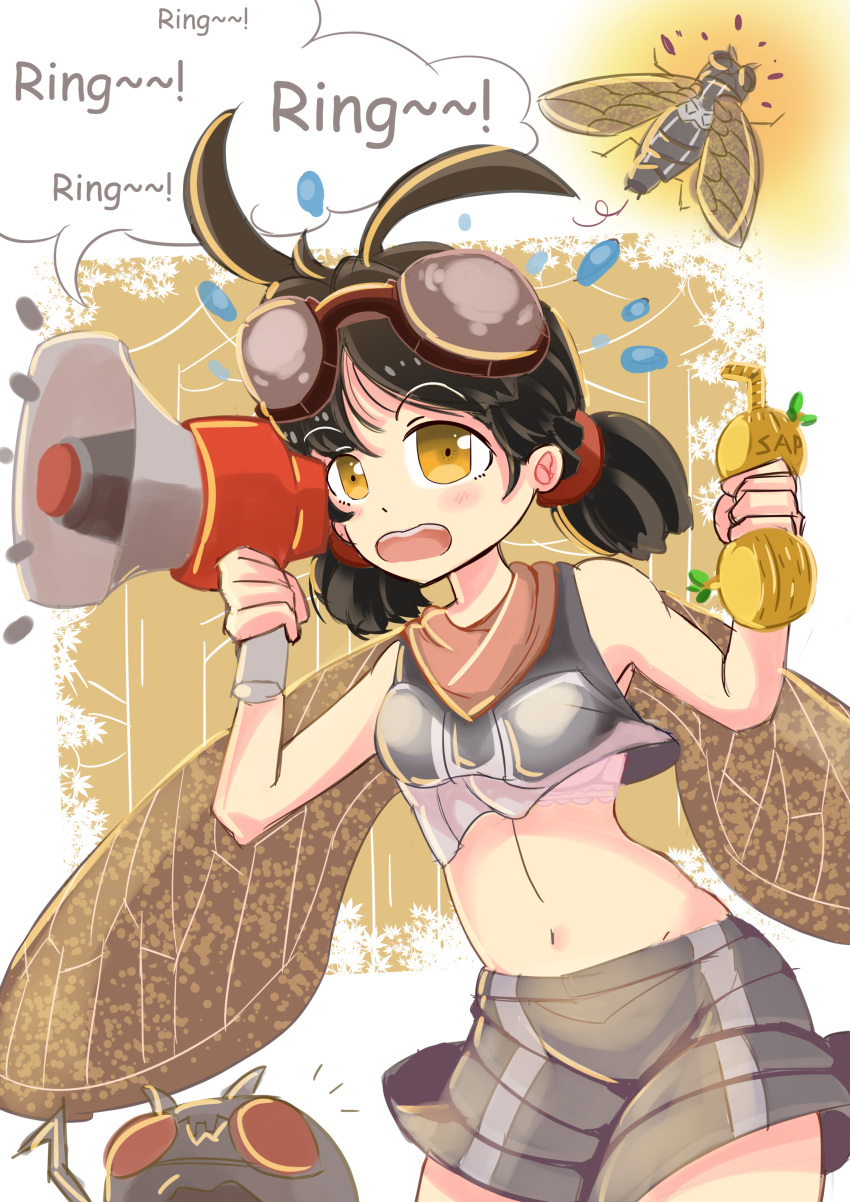 absurdres antenna_hair bangs bare_arms bare_shoulders black_hair blues_(artist) blush bra bra_peek breasts bug cicada commentary crop_top crop_top_overhang d: english english_commentary eyebrows_visible_through_hair flying_sweatdrops hands_up highres holding holding_megaphone insect insect_girl insect_wings megaphone midriff navel open_mouth original parted_bangs personification raised_eyebrows shirt short_hair short_shorts short_twintails shorts shouting sleeveless sleeveless_shirt small_breasts solo speech_bubble standing stomach tareme twintails underwear wavy_mouth wings yellow_eyes