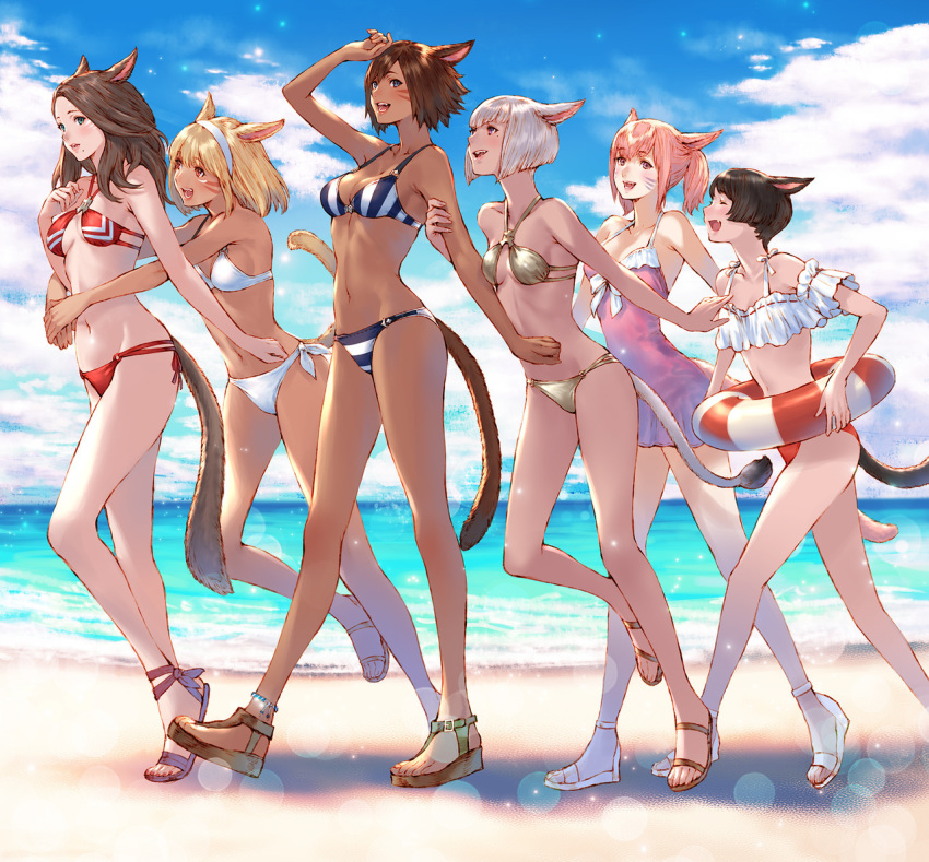 animal_ears anklet arm_hug bare_shoulders beach bikini blonde_hair blue_eyes blue_sky breasts brown_eyes brown_hair cat_ears cat_tail cleavage dark_skin day fang fangs final_fantasy final_fantasy_xiv green_eyes hairband hug hug_from_behind innertube jewelry makimura_shunsuke medium_breasts medium_hair miqo'te mole mole_under_eye mole_under_mouth multiple_girls navel ocean open_mouth pink_hair sandals short_hair sky smile stomach swimsuit tail tan walking water whisker_markings