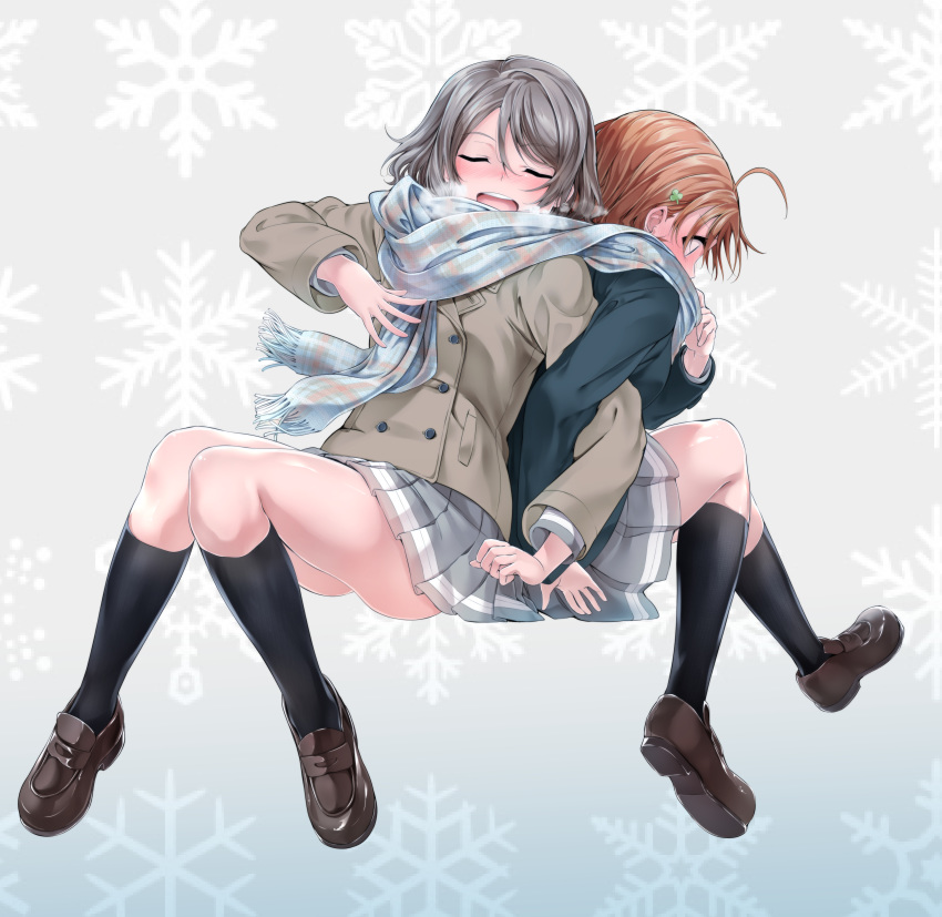 absurdres ahoge back-to-back blush breath brown_hair closed_eyes clover_hair_ornament coat commentary_request covering_mouth hair_ornament highres loafers locked_arms love_live! love_live!_sunshine!! multiple_girls nose_blush orange_hair pleated_skirt scarf shared_scarf shoes short_hair sitting skirt snowflake_background takami_chika watanabe_you winter_clothes winter_coat yuri yuuki_(nijiiro_palette)