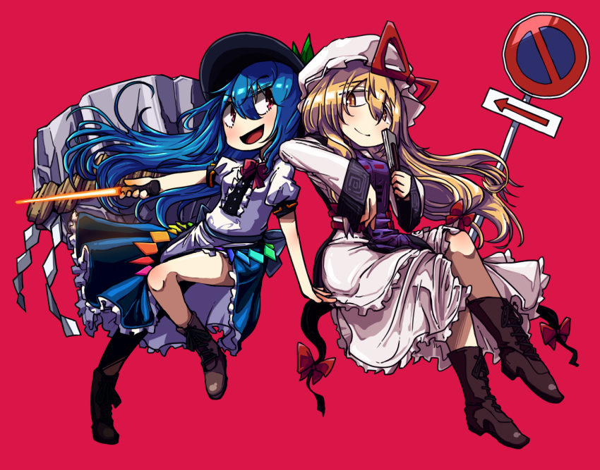 awa_(bihidasu) bare_legs blonde_hair blue_hair boots bow bowtie brown_footwear commentary cross-laced_footwear english_commentary gap hat hinanawi_tenshi keystone lace-up_boots long_hair long_sleeves looking_at_another mob_cap multiple_girls red_background red_eyes ribbon road_sign short_sleeves sign skirt smile sword_of_hisou toon touhou v-shaped_eyebrows yakumo_yukari yellow_eyes