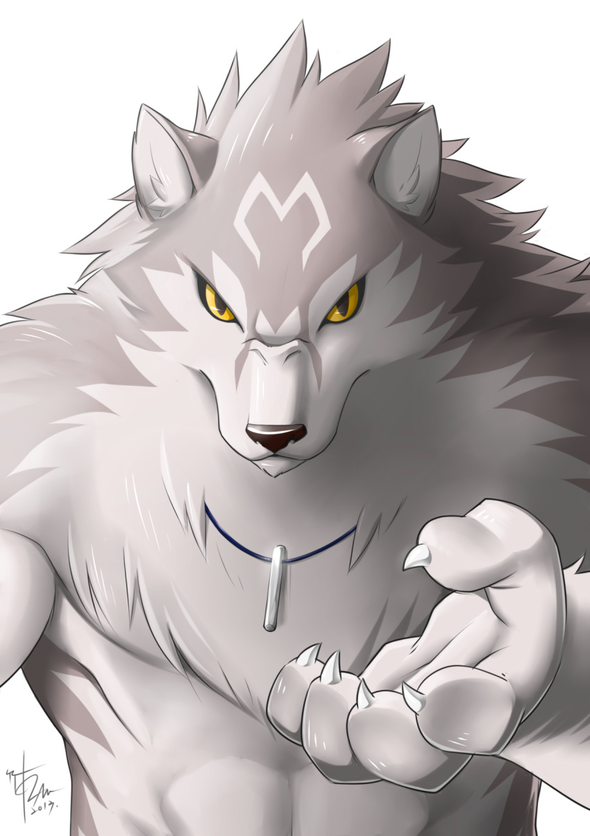 2013 5_fingers anthro black_nose canine cat_paradise claws clothed clothing fur kibao looking_at_viewer male mammal muscular muscular_male simple_background solo takemoto_arashi topless were werewolf white_background yellow_sclera