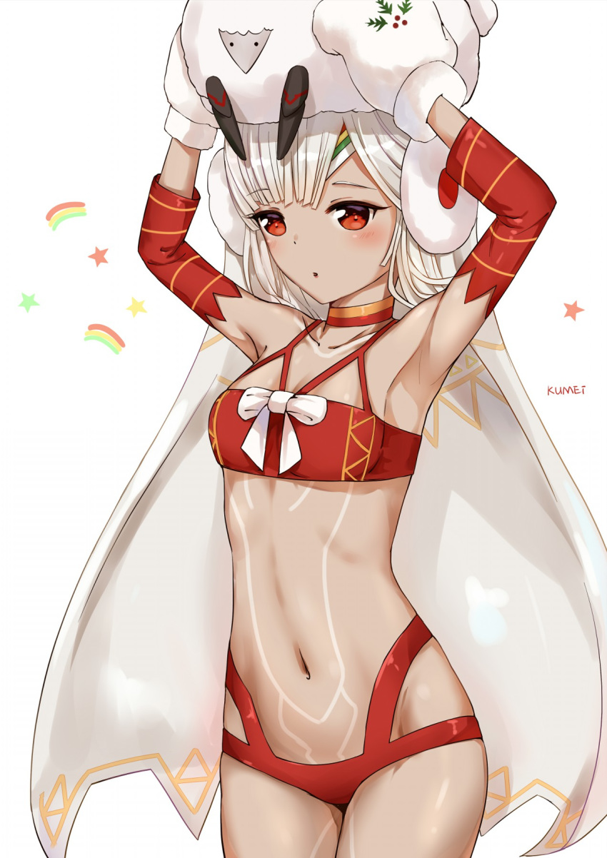 altera_(fate) altera_the_santa animal armpits arms_up bangs bare_shoulders blush breasts choker collarbone detached_sleeves earmuffs eyebrows_visible_through_hair fate/grand_order fate_(series) feet_out_of_frame full_body_tattoo headdress highres holding holding_animal kumei legs lingerie midriff narrow_waist navel open_mouth red_eyes sheep shiny shiny_hair short_hair simple_background small_breasts solo standing tan tattoo underwear white_hair