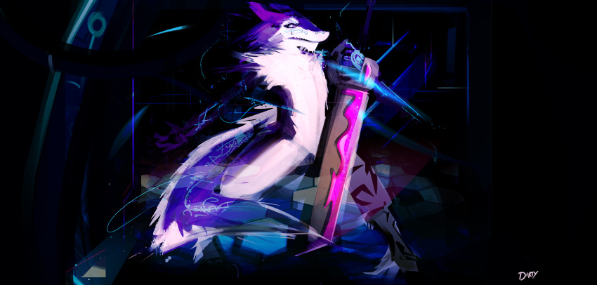 2017 abstract_background absurd_res anthro biped blue_fur blue_tail dark_background digital_media_(artwork) digital_painting_(artwork) dirtyscoundrel featureless_crotch front_view fur greatsword hi_res male melee_weapon multicolored_fur multicolored_tail purple_eyes purple_fur sergal signature snout solo sword teeth weapon white_fur