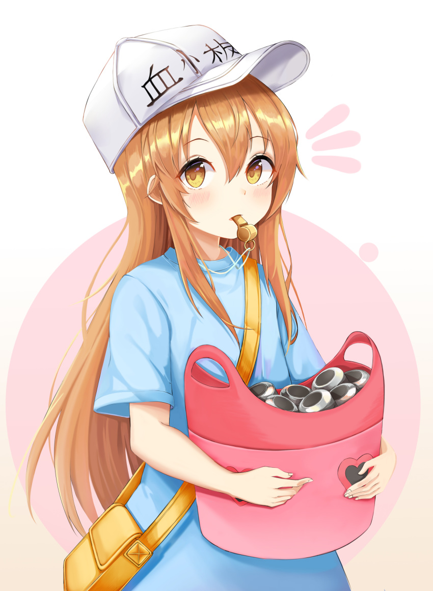 absurdres bag bangs blue_shirt blush brown_eyes character_name clothes_writing commentary eyebrows_visible_through_hair fingernails flat_cap hair_between_eyes hat hataraku_saibou highres lebring light_brown_hair long_hair mouth_hold notice_lines object_hug parted_lips platelet_(hataraku_saibou) shirt short_sleeves shoulder_bag sidelocks solo very_long_hair whistle white_hat wide_sleeves