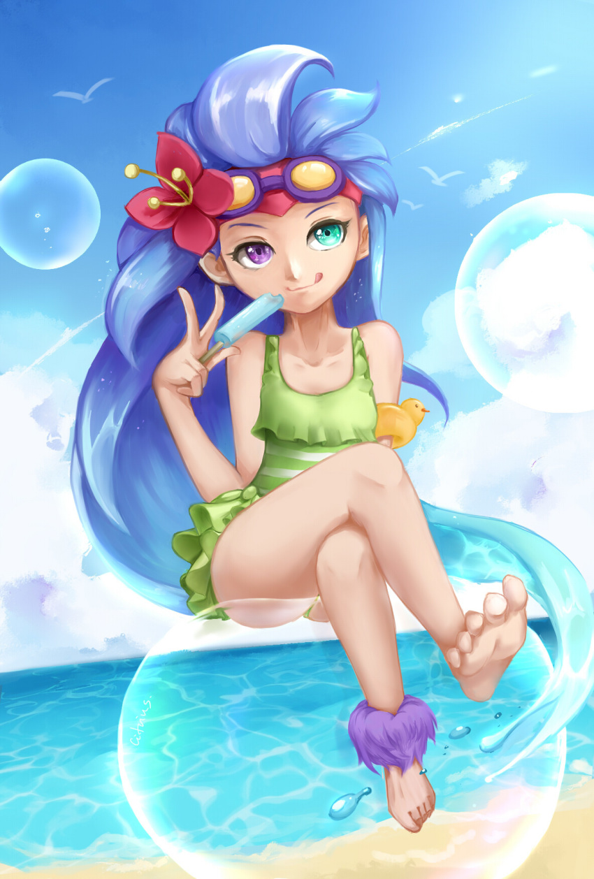 1girl absurdly_long_hair alternate_costume alternate_eye_color alternate_hair_color bare_shoulders bikini bow bubble flower frilled_bikini frilled_skirt frills goggles hair_flower hair_ornament league_of_legends long_hair multicolored multicolored_eyes official_art pool_party_zoe skirt solo swimsuit very_long_hair zoe_(league_of_legends)