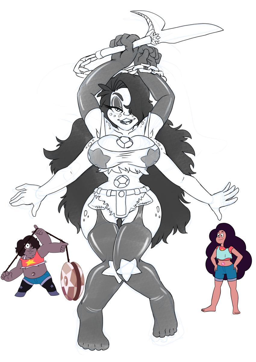 4_arms alien amethyst_(steven_universe) breasts cartoon_network chain clothed clothing female fusion gem_(species) hair hi_res humanoid melee_weapon multi_arm multi_limb not_furry open_mouth simple_background smile solo standing steven_universe stevonnie weapon white_background