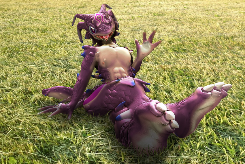 3d_(artwork) anthro digital_media_(artwork) dragon feet grass male open_mouth purple_scales randrana scales scalie sdx3 solo