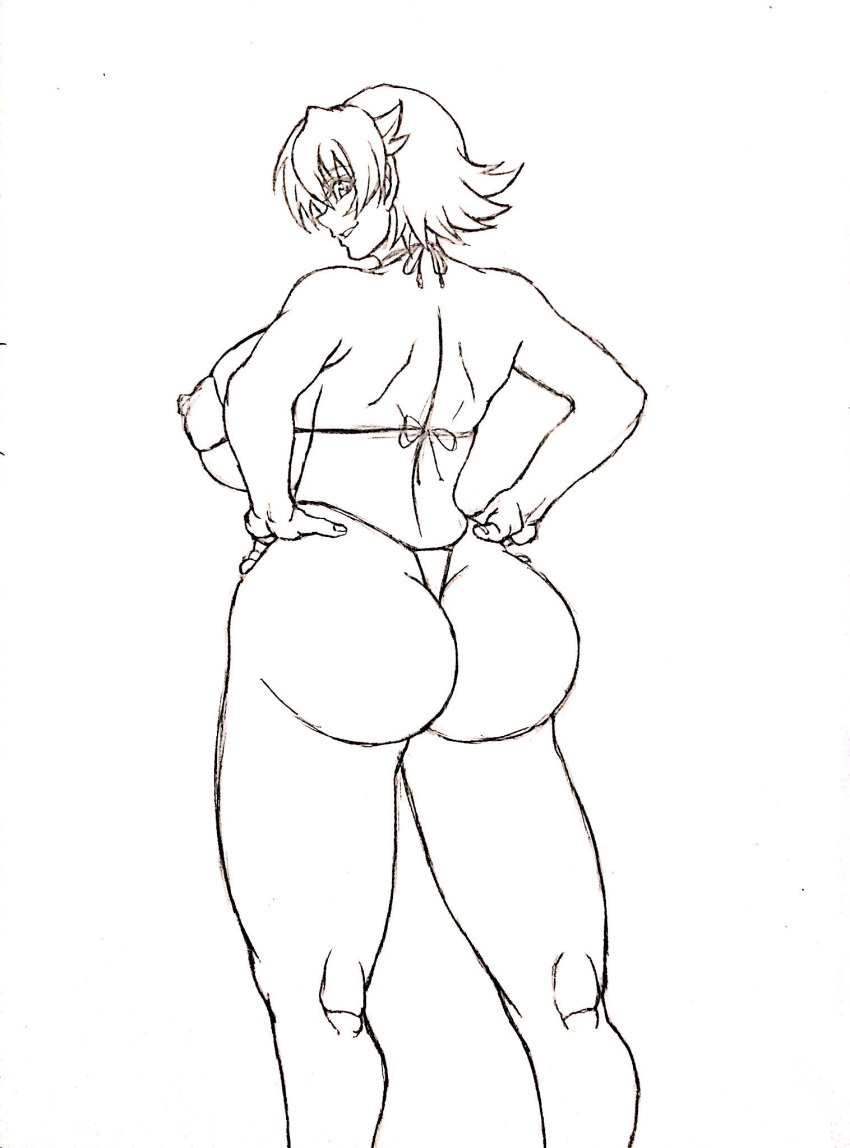 1girl ass bikini breasts butt_crack curvy female huge_ass huge_breasts igawa_sakura looking_at_viewer looking_back monochrome short_hair sketch solo standing swimsuit taimanin_(series) taimanin_asagi thighs thong wrato