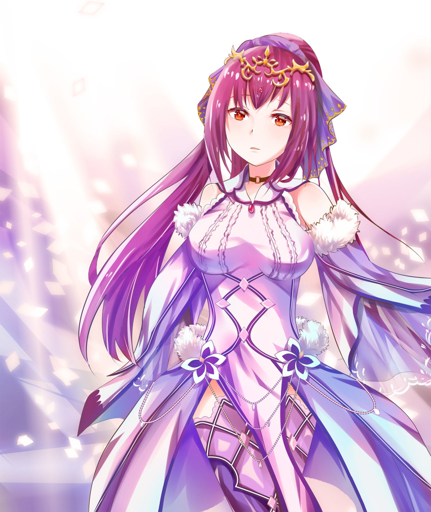 bangs breasts center_frills commentary detached_sleeves dress eyebrows_visible_through_hair fate/grand_order fate_(series) fur-trimmed_sleeves fur_trim gold_trim head_tilt headpiece high_ponytail highres large_breasts long_hair long_sleeves looking_at_viewer mutang parted_lips pearl ponytail purple_hair purple_legwear red_eyes scathach_(fate)_(all) scathach_skadi_(fate/grand_order) sleeveless sleeveless_dress solo thighhighs very_long_hair white_dress wide_sleeves