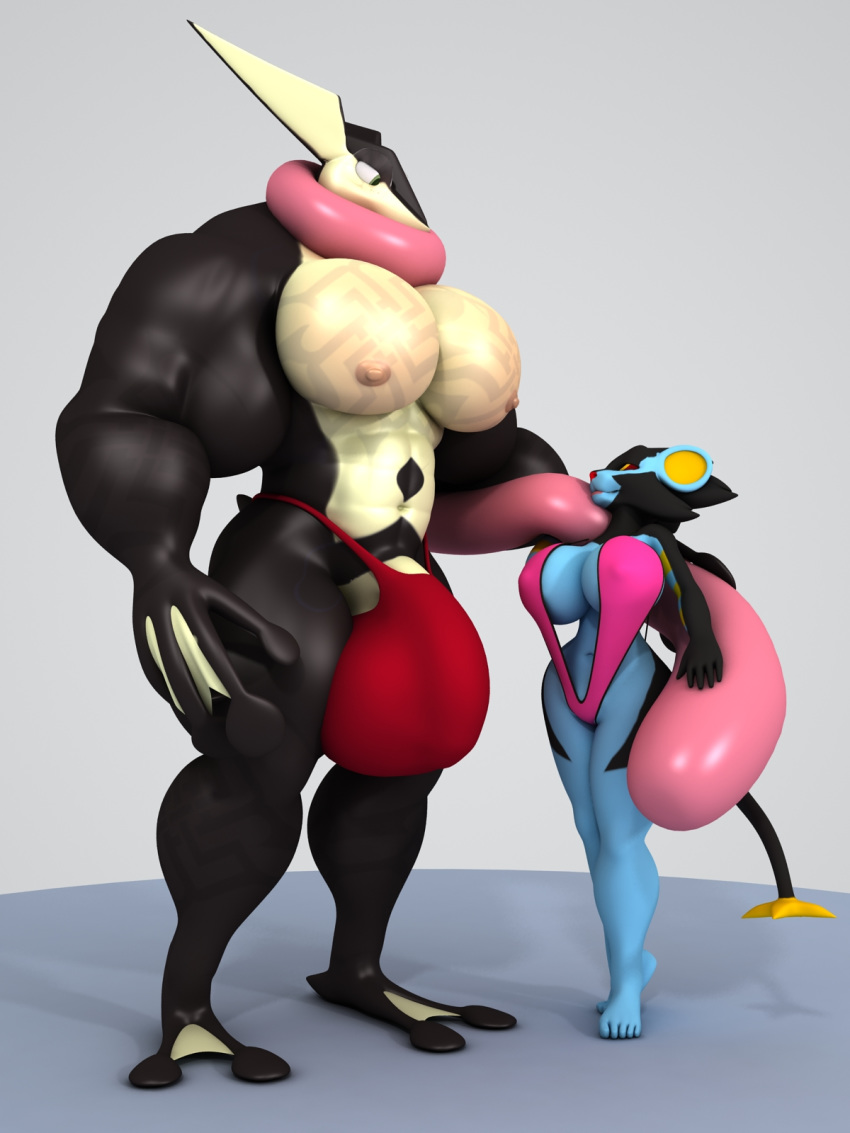 2016 3d_(artwork) abs amphibian anthro anthroanim biceps big_breasts breasts bulge cleavage clothed clothing digital_media_(artwork) duo female flaccid greninja hair hi_res hyper hyper_bulge hyper_muscles long_tongue looking_at_viewer luxray male muscular muscular_male navel nintendo nipples pecs penis penis_base pok&eacute;mon pok&eacute;mon_(species) sebastian_greninja shizuma_luxray simple_background size_difference smile speedo standing swimsuit tongue tongue_out video_games