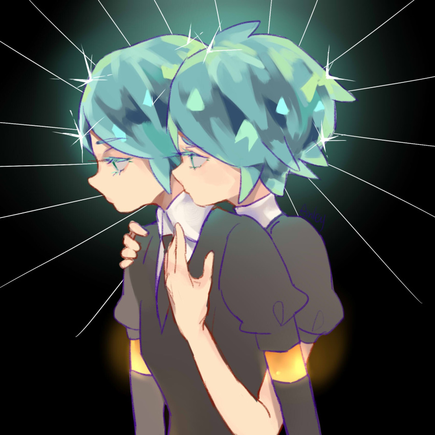 ainley androgynous colored_eyelashes crystal_hair dual_persona elbow_gloves gem_uniform_(houseki_no_kuni) gloves glowing glowing_hair golden_arms green_eyes green_hair highres houseki_no_kuni hug hug_from_behind multiple_others necktie phosphophyllite short_hair upper_body