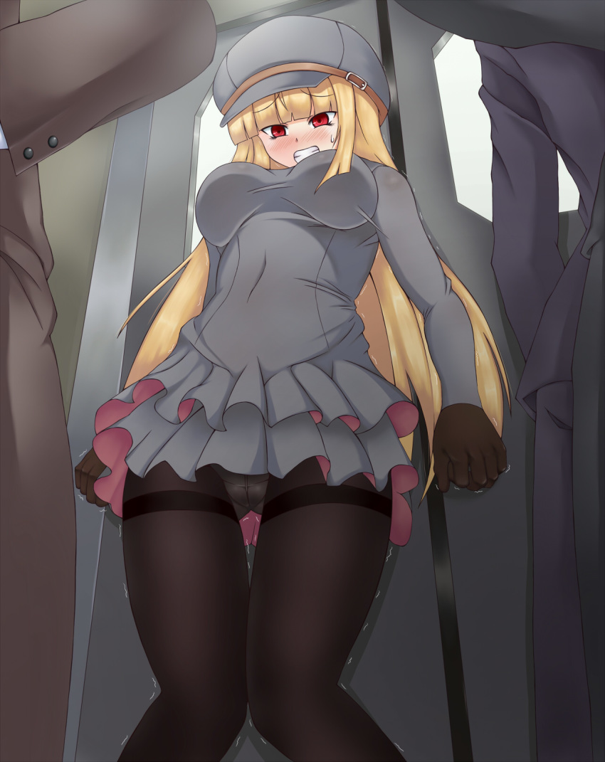 1girl bangs black_gloves black_legwear blonde_hair blunt_bangs blush breasts cabbie_hat cameltoe clenched_teeth covered_navel dress embarrassed eyebrows_visible_through_hair frilled_dress frills from_below gloves gluteal_fold grey_dress grey_hat hat have_to_pee highres indoors knees_together_feet_apart large_breasts long_hair long_sleeves nose_blush original panties panties_under_pantyhose pantyhose parted_lips red_eyes short_dress solo_focus standing sweat teeth thigh_gap thighband_pantyhose train_interior trembling umagoya_mochi underwear upskirt