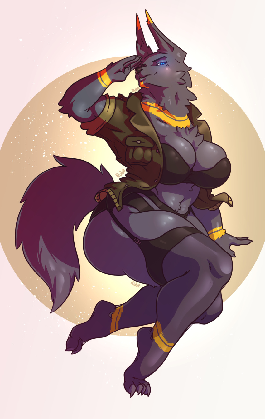 anthro big_breasts black_nose blue_eyes breasts canine clothed clothing dipstick_ears female fur grey_fur hi_res jackal jacket legwear lingerie mammal markings rube salute solo stockings teth'ra_magual wide_hips yellow_markings