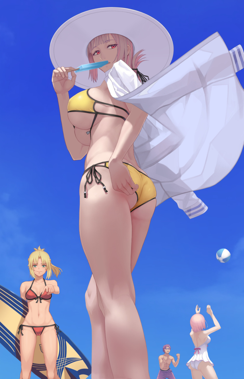 3girls adjusting_clothes adjusting_swimsuit alternate_costume ass ball bare_legs beachball bikini blonde_hair breasts chaldea_lifesavers cleavage commentary_request eating fate/grand_order fate_(series) florence_nightingale_(fate/grand_order) food from_side front-tie_bikini front-tie_top goggles hat highres jacket jacket_on_shoulders lancelot_(fate/grand_order) large_breasts lavender_hair mash_kyrielight mordred_(fate)_(all) mordred_(swimsuit_rider)_(fate) multiple_girls pink_hair pointing popsicle red_bikini red_eyes short_hair side-tie_bikini sunlight surfboard swimsuit takehisa_tomoe underboob white_swimsuit yellow_bikini