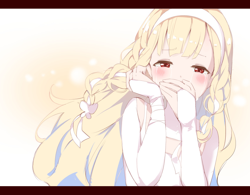 bangs blonde_hair braid bridal_gauntlets commentary_request covering_mouth crying crying_with_eyes_open dress eyebrows_visible_through_hair hair_ribbon hairband half-closed_eyes hands_up highres letterboxed long_hair looking_at_viewer maquia_(sayoasa) mola_mola red_eyes ribbon ribbon_braid sayonara_no_asa_ni_yakusoku_no_hana_wo_kazarou sleeveless sleeveless_dress solo tears twin_braids very_long_hair white_dress white_hairband