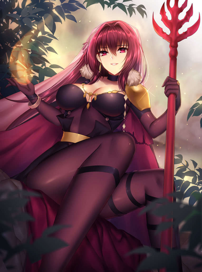 bangs black_choker bodysuit breasts choker collarbone commentary english_commentary eyebrows_visible_through_hair fate/grand_order fate_(series) fur_trim gold_trim hair_between_eyes hair_intakes hands_up highres holding holding_weapon large_breasts leaf long_hair looking_at_viewer magic mallizmora parted_lips pauldrons purple_bodysuit red_eyes red_hair scathach_(fate)_(all) scathach_(fate/grand_order) sitting smile solo very_long_hair weapon