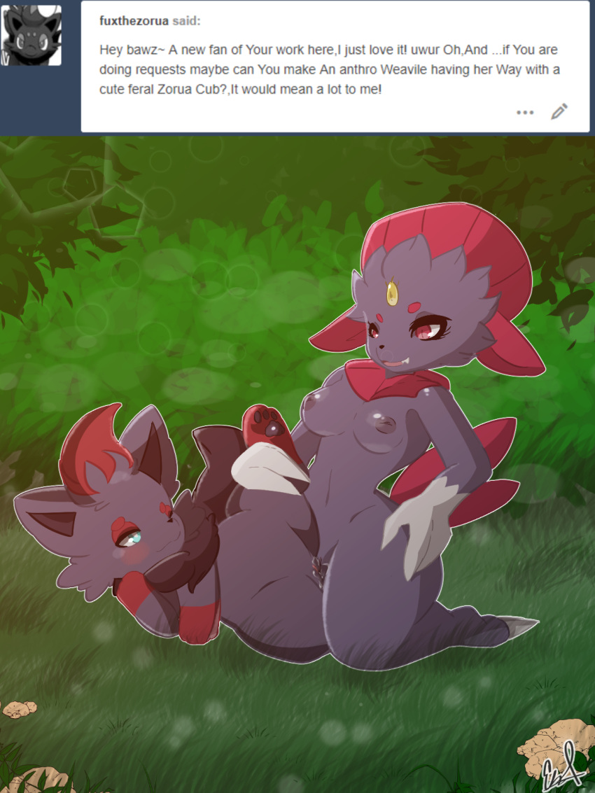 anthro anthro_on_feral bestiality big_dom_small_sub blaketheflareon breasts canine digital_media_(artwork) duo female female/female feral fur mammal nature nintendo nude outside pok&eacute;mon pok&eacute;mon_(species) pussy pussy_juice sex signature size_difference tribadism video_games weavile wood zorua
